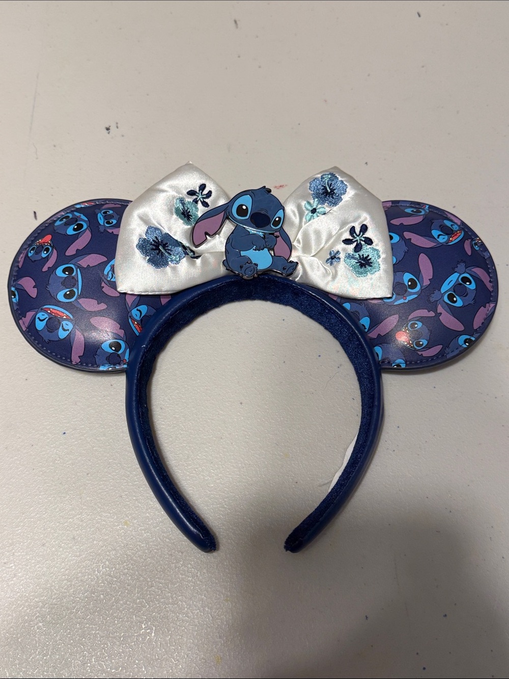 Disney Blue Stitch Pattern Ear Headband with White Bow